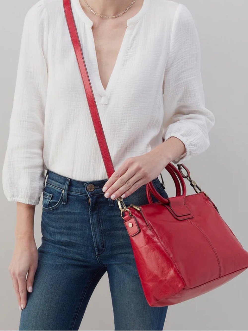 HOBO Sheila Medium Satchel Red Leather Hibiscus Tote Handbag - Picture 2 of 11